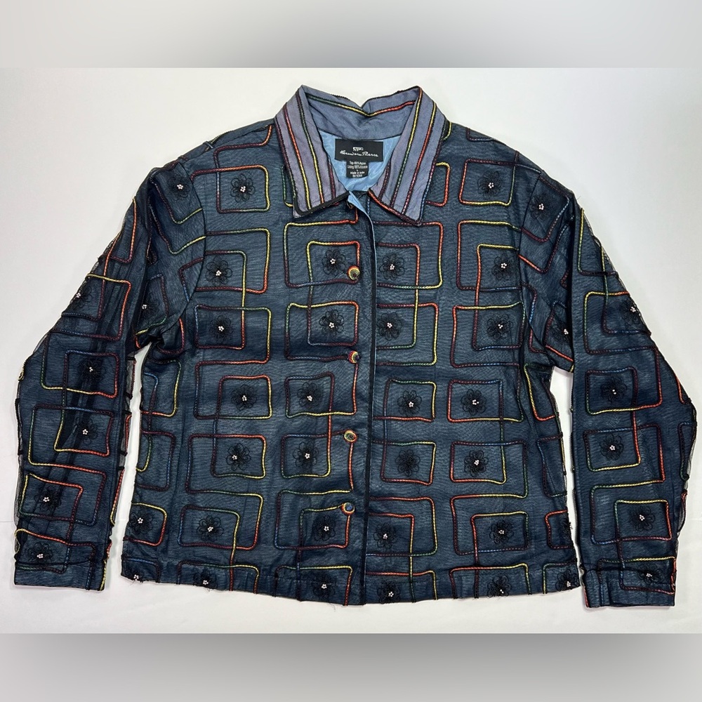 Vintage Alexandria Pierce Embroidered Blazer Jacket - navy/multi-color, L